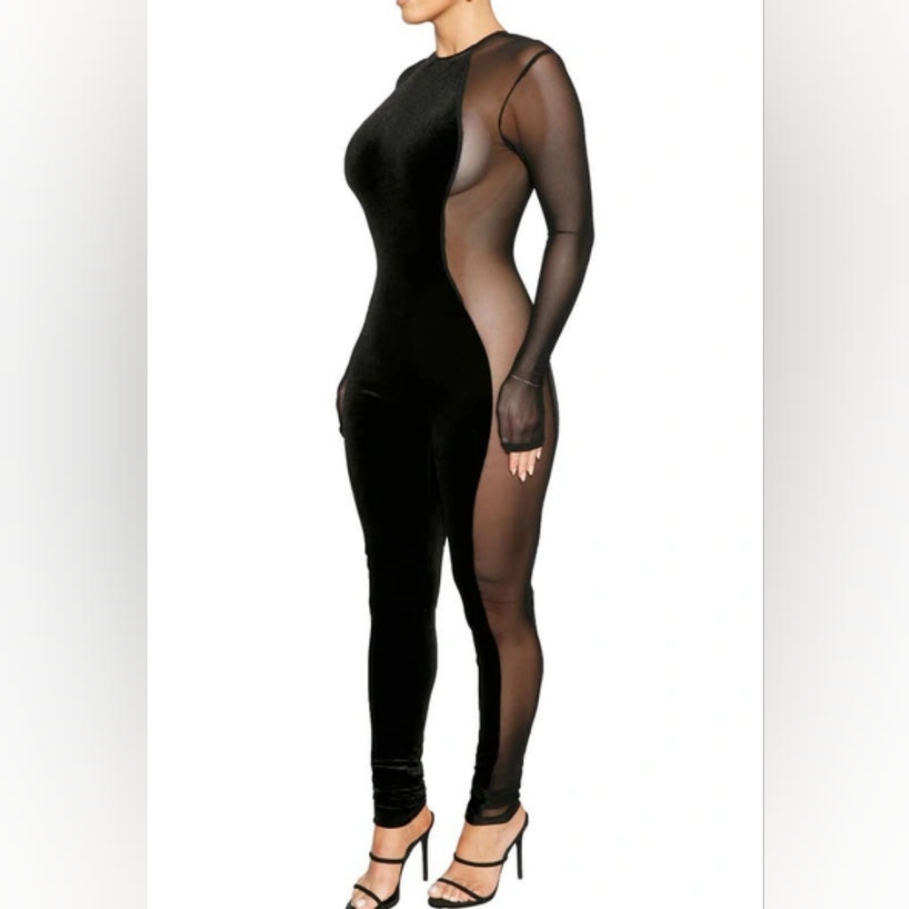 Naked Wardrobe Velvet Mesh Collection Jumpsuit
